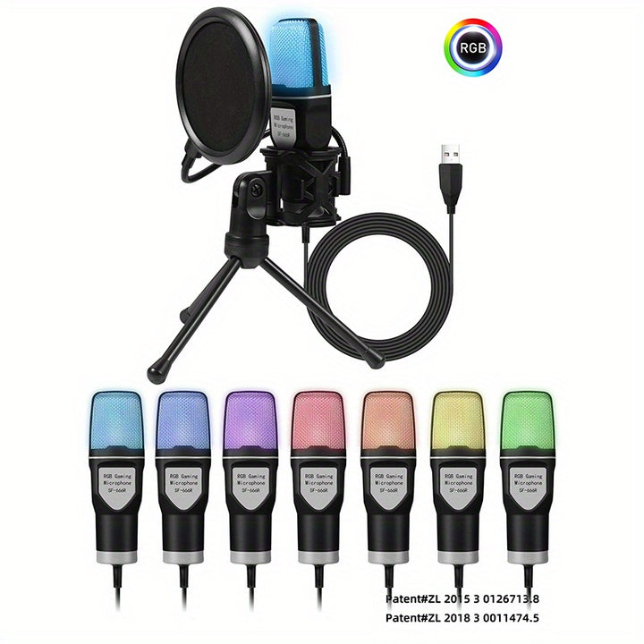 Game microphone, USB PC microphone for podcast videos, streaming media, condenser microphone with fast mute function, tripod, spray hood, RGB indicator light, shock absorber, rotary gain button, compatible with PS4/5/PC