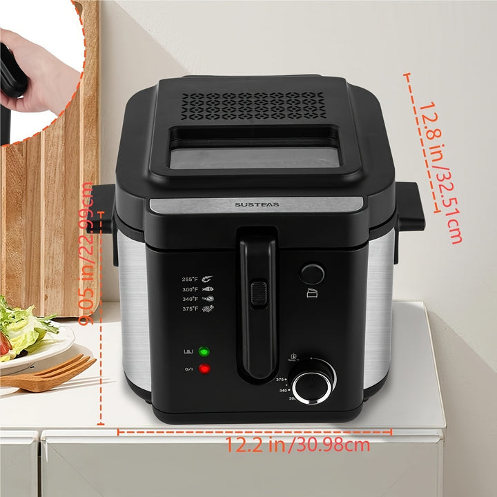 SUSTEAS 1500W Electric Deep Fryer with Basket - Stainless Steel, Non-Stick Inner Pot, Removable Lid, Temperature Control & Easy-Clean Design for Crispy Homemade French Fries & More, Deep Fryer Basket