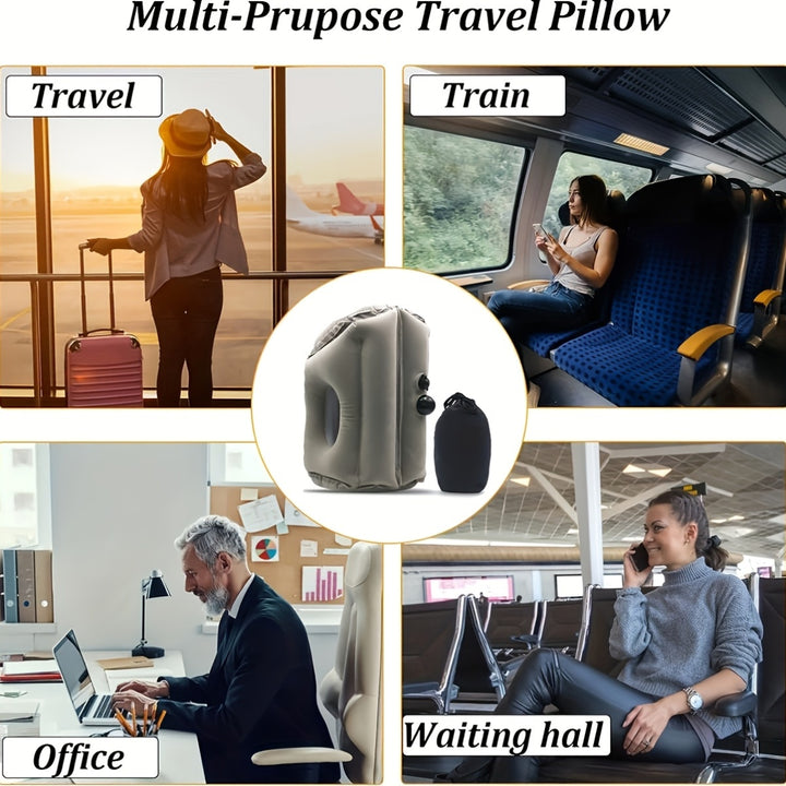 Lightweight Stain Resistant 1pc Inflatable Travel Air Pillow - S Size, Medium Soft Firmness, Whole Body Support Neck Pillow - Machine Washable, Portable Drawstring Bag for Airplane, Car, Bus, Office