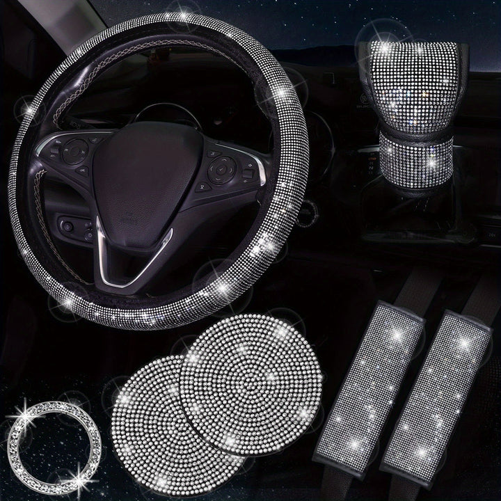Bling Car Accessories for Women, Bling Steering Wheel Cover Bling Car Coasters Bling Set Seat Belt Shoulder Pads Ring Emblem Sticker Gear Shift Cover