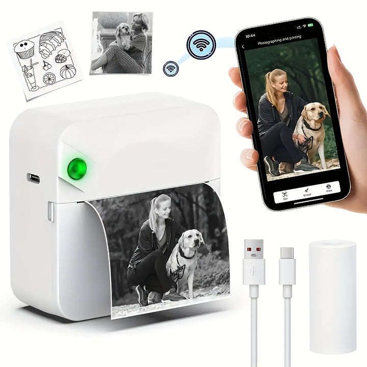 Micro Printer, Pocket Printer, Inkless Sticker Thermal Printer with 1 Roll of Thermal Paper, Wireless Portable Receipt Printer