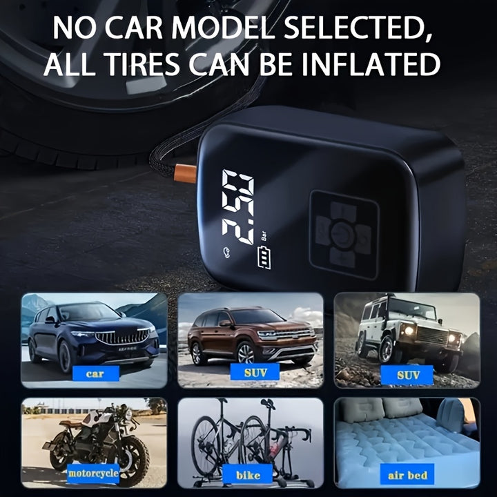 1 Pc Portable Tire Inflator with Digital Display - Fast Cordless Air Compressor, USB Rechargeable, Multi-Function Nozzle Adapter