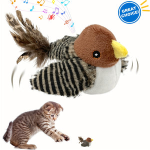 Jouet pour animal de compagnie en forme d'oiseau moineau, en tissu, motif animal, alimenté par batterie, non rechargeable, adapté à toutes les tailles de races, batterie bouton sécurisée, jeu interactif pour chats