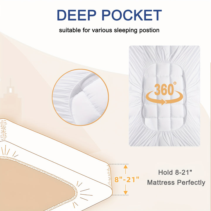 [Cooling Comfort] Extra Thick Quilted Mattress Topper | Soft White | Stretches 8-21" Deep | Cooling Comfort Pad with Diamond Pattern | Bedroom & Guest Room