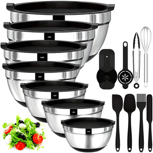[Stainless Steel Mixing Bowls] 20pcs Stainless Steel Mixing Bowls With Airtight Lids - Non-Slip Colorful Silicone Bottom - 7, 3.5, 2.5, 2.0, 1.5, 1, 0.67QT Sizes - Great For Mixing, Baking, Serving
