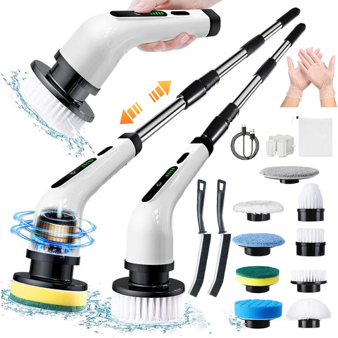 2025 Electric Rotating Floor Washer, Rechargeable Cleaning Brush, Shower Floor Washer, with 9 Brush Heads, 2H Power Dual Speed, Adjustable Extended Handle,, Suitable for Bathtub, Tile Floor, Car, White