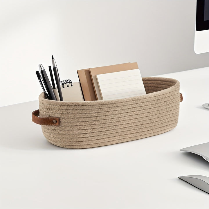 1pc Beige Woven office items Storage Basket with Handles - desktop Multifunctional Organizer for Toilet Top, office Desktops, or Bathroom Essentials, Stylish and Durable Home Decor Accessory