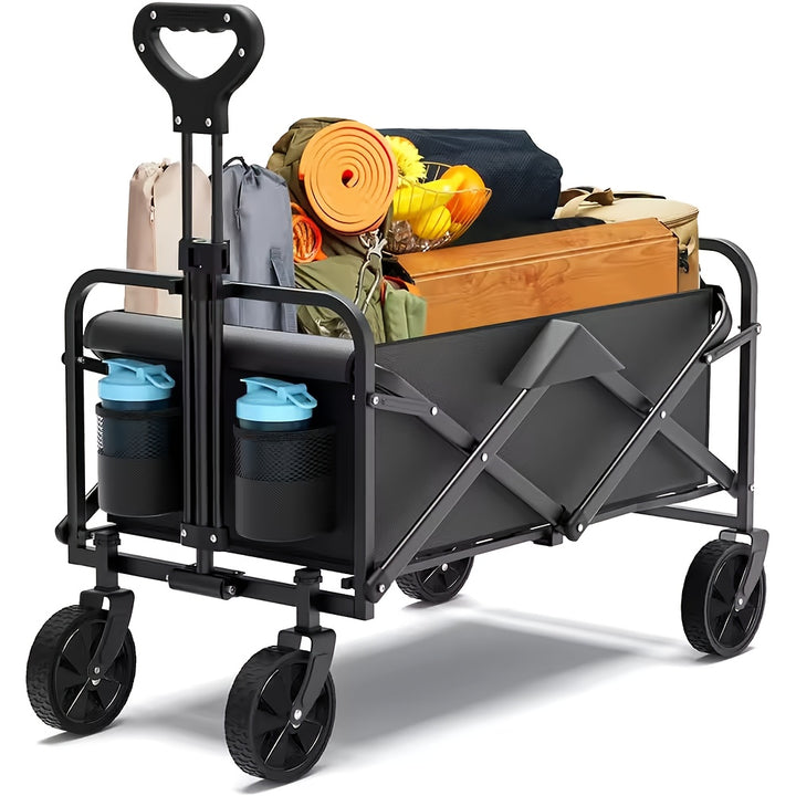 Versatile Heavy-Duty Beach Trolley - Foldable, 4-Wheel Cart with Lockable All-Terrain Wheels & Side Pockets, Large Capacity for Shopping, Sports, Camping