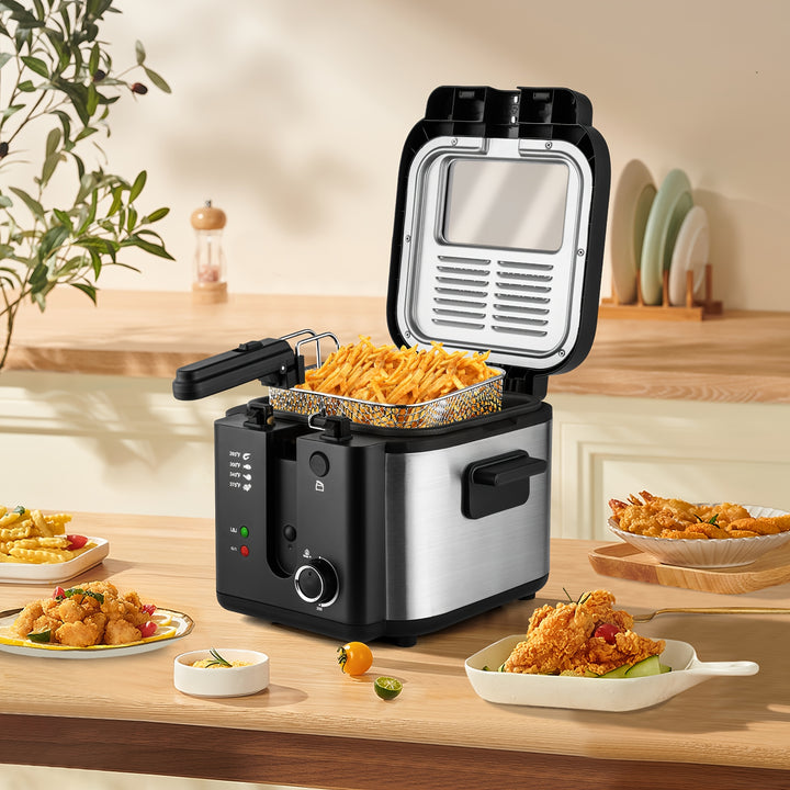 SUSTEAS 1500W Electric Deep Fryer with Temperature Control, Removable Lid & Non-Stick Basket - Easy-Clean 84.54oz Capacity for Home Use, Sleek Stainless Steel Design, Perfect for Frying Chicken, French Fries & More, Deep Frye