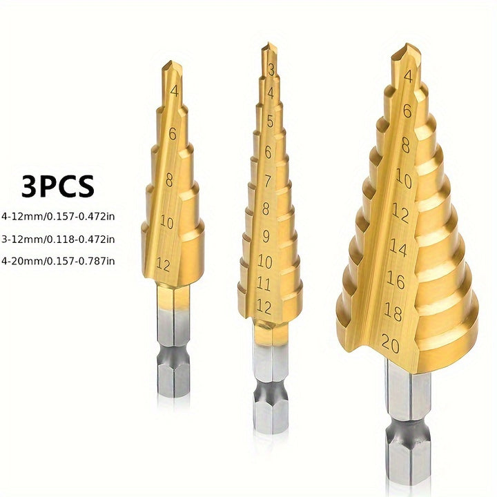 Multi-Size Titanium-Coated HSS Step Drill Bit Set - Precision Drilling for Wood & Metal, Efficient and Versatile