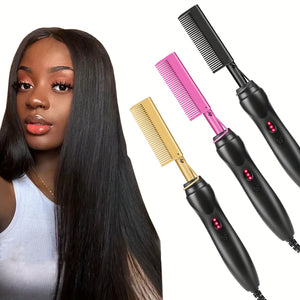 Hot Comb Hair Straightener Portable Ceramic Curler, Copper Hot Comb Heat Press Curl/Straight Hair Styling Brush for Hair Beard Wig Wet and Dry Hair Styling Tools