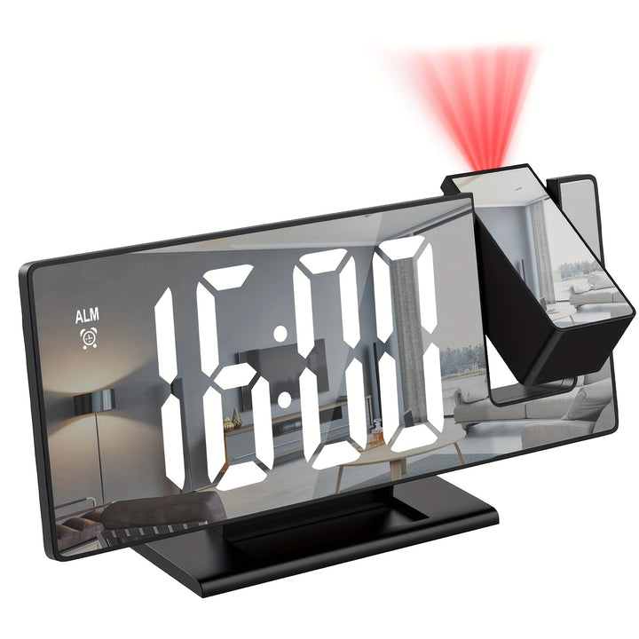 180° Adjustable LED Projection Alarm Clock with Snooze, 12/24H Temperature Display, and Mirror Design – USB Powered for Bedroom, Home Office, or Living Room – Black Rectangular Frame, High-Definition Display, Night Mode,