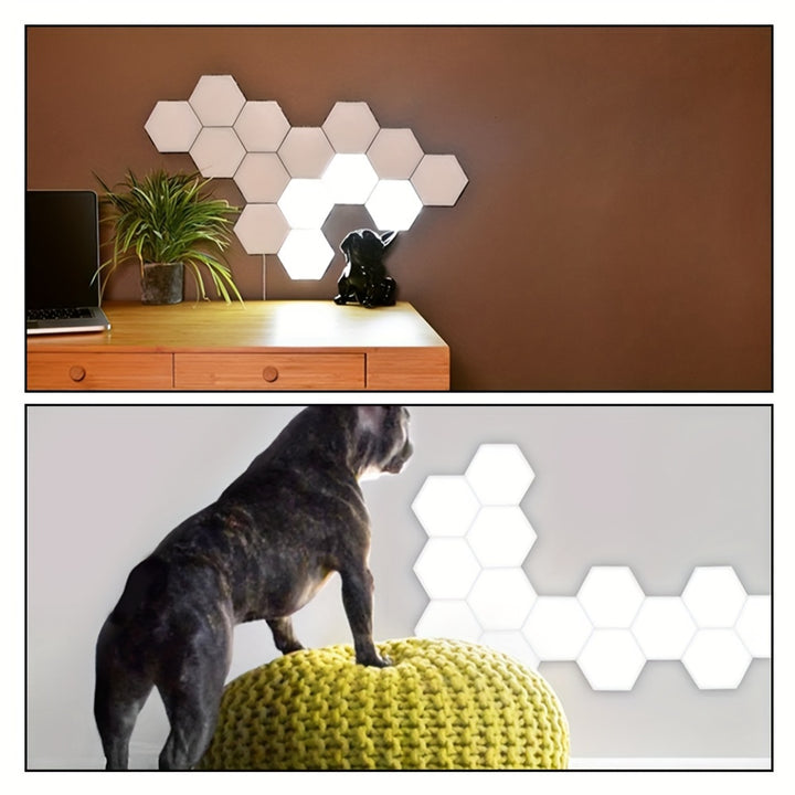 6-Pack Modern Touch-Controlled Hexagonal LED Wall Lights, DIY Assembly, Energy-Efficient Neutral White Lighting with Touch Night Light, Plastic Material, Wall-Mounted, Up-Light Illumination, USB Powered, No Battery Included