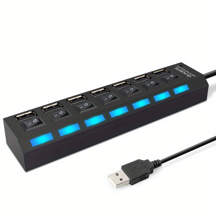 WHXMSH High-Speed USB 2.0 Hub - Expand Your Device's Connectivity with 4/7 Ports, LED Indicator Switches, Compact & Lightweight Design for PC & Laptop - Black