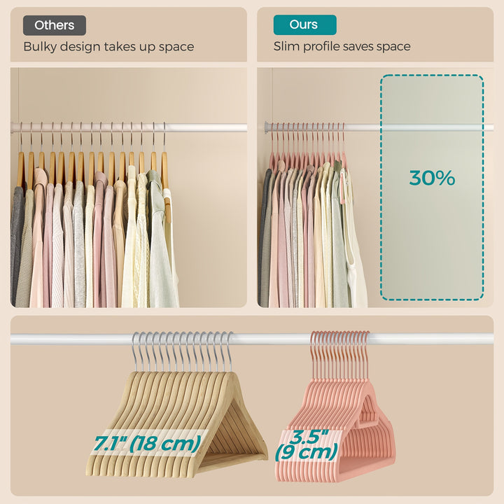 Pack de 50 cintres en velours SONGMICS, cintre avec crochet pivotant en or rose, antidérapant et gain de place, épaisseur de 0,2 pouce, longueur de 17,1 pouces pour manteau, chemise, robe, pantalon, cravate.