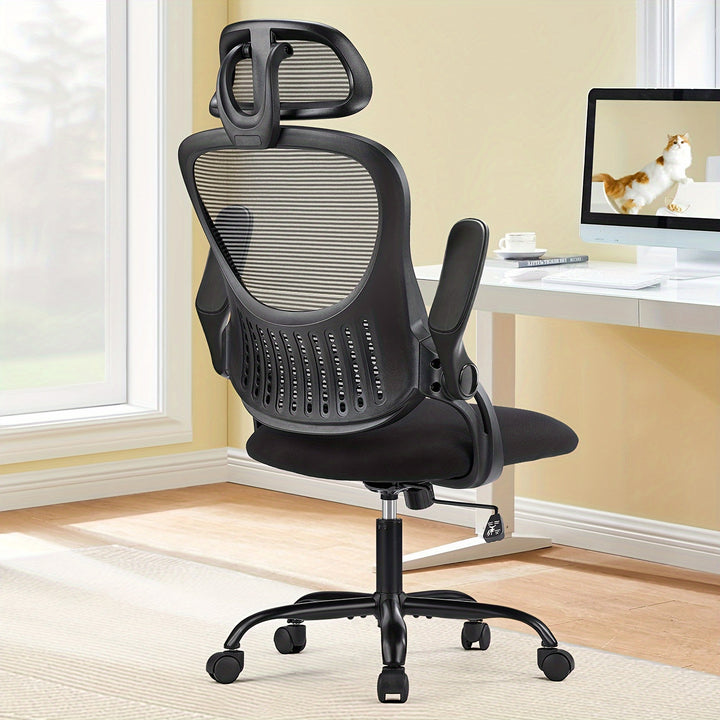 [High Back Ergonomic Computer Chair] OLIXIS Ergonomic Desk Computer Chair, High Back Comfort Swivel Home Gaming Mesh Chair With Wheels, Adjustable Headrest, Flip-Up Armrests, 144° Tilt, Suitable For Studying