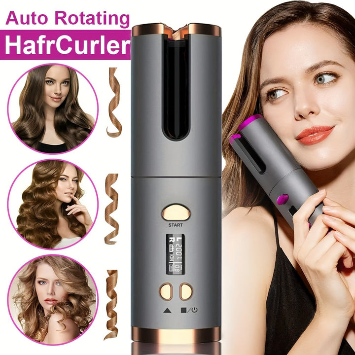 Sleek Portable USB Rechargeable Hair Curler with LCD Display - Smart Wireless Automatic Curling Iron, 32mm,, Digital Temperature Control, Copper & Gray Finish