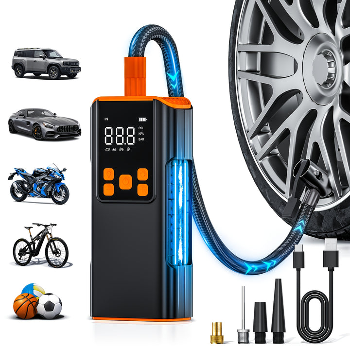 Portable Air Compressor - 150PSI Tire Inflator with Pressure Gauge, High-Capacity, 3X Faster for Cars, Bikes, Motorcycle Tires