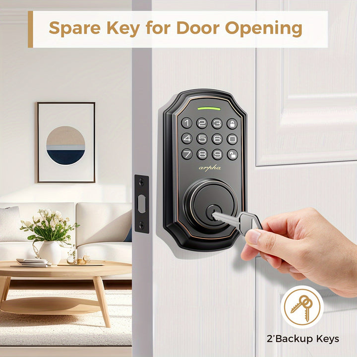 [Smart Keyless Entry Door Lock] Arpha Smart Keyless Entry Door Lock - Auto Lock/Unlock, 100 Code Anti-Peek Combination, Easy Installation, Low Battery Alarm, Strong & Heavy Zinc Alloy, Black & Orange, for Secure Home Access,