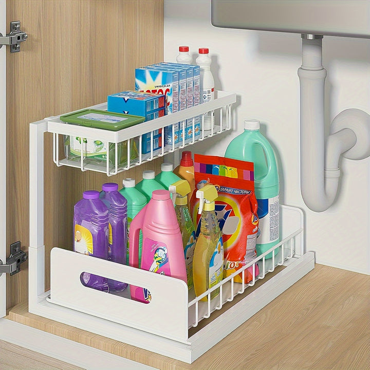 Two-Level Organizers for Under The Sink, Featuring a Sliding Pull-Out Shelf Made of Metal