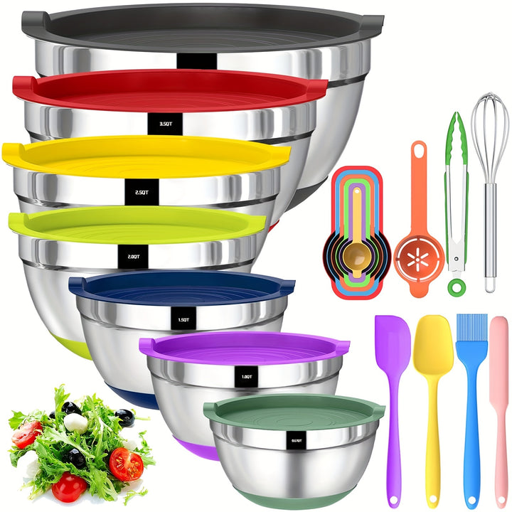 [Stainless Steel Mixing Bowls] 20pcs Stainless Steel Mixing Bowls With Airtight Lids - Non-Slip Colorful Silicone Bottom - 7, 3.5, 2.5, 2.0, 1.5, 1, 0.67QT Sizes - Great For Mixing, Baking, Serving