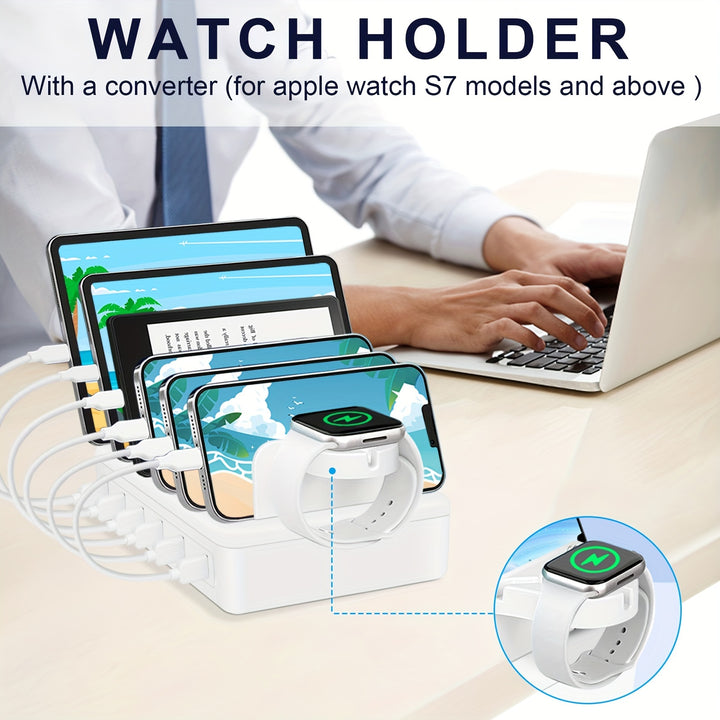 50W 6-Ports Fast Charging Station - Multiple Devices USB Charging Station With 10-Slot, Detachable Dividers, Watch Holder - Compatible With Phone/iPad/Kindle/Tablet