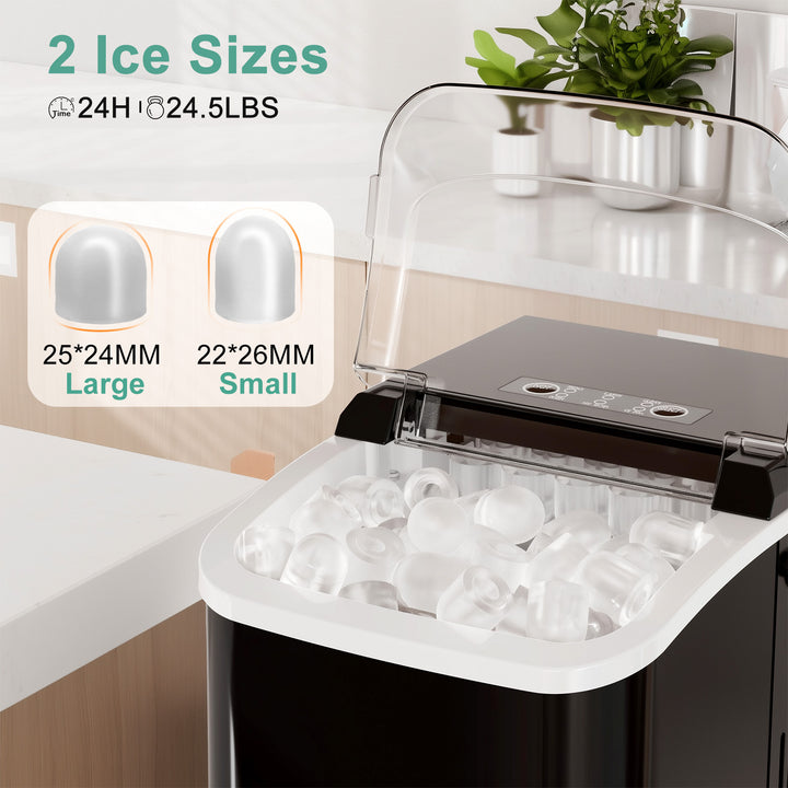 Upgraded Countertop Ice Maker with Free Ice Shovel, 9 Cubes in 6 Mins, Portable Self-Cleaning Ice Machine, 2 Sizes of Bullet Ice, Ice Scoop, Basket and Handle Included, Ice Cube Maker for Home Kitchen Party Camping