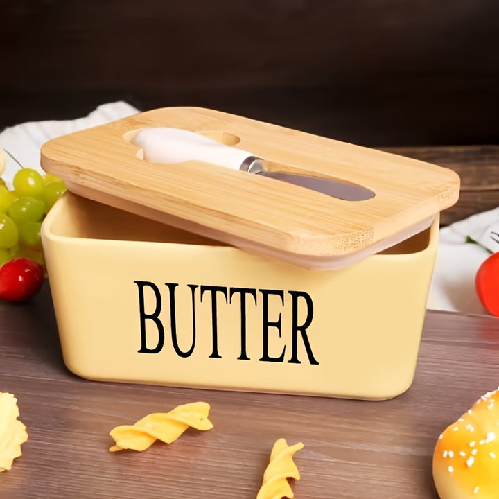 1 Pc Luxury Large Butter Dish with Lid - Ceramic Countertop Keeper with Knife Sealing and Design - Perfect Kitchen