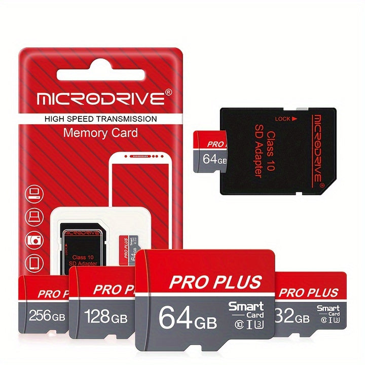 MICRODRIVE Pro Plus Memory Card/TF Cards - High-Speed Class 10 U3, Red & Gray, Available in 4GB to 256GB - Reliable Performance for Smartphones, Tablets & More, MICRODRIVE