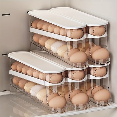 Automatic Egg Storage Box for 12-14 Eggs with a Double-Layer Sliding Design - a Fresh Egg Organizer with a Flip Cover, an Essential Kitchen Solution for Storing Eggs And a Space-Saving Egg Rack for The Refrigerator.