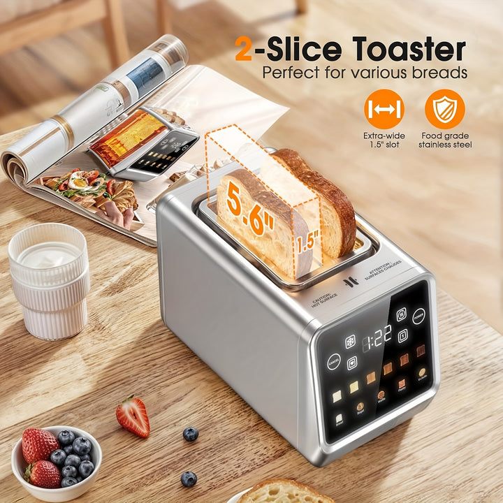 Toaster 2 Slice Digital Touch Screen Stainless Toaster with 5 Bread Selection 7 Shade Setting and Bagel/Defrost/Cancel/Reheat Function 1.5 IN 2 Slice Smart Toaster with Removable Crumb Tray