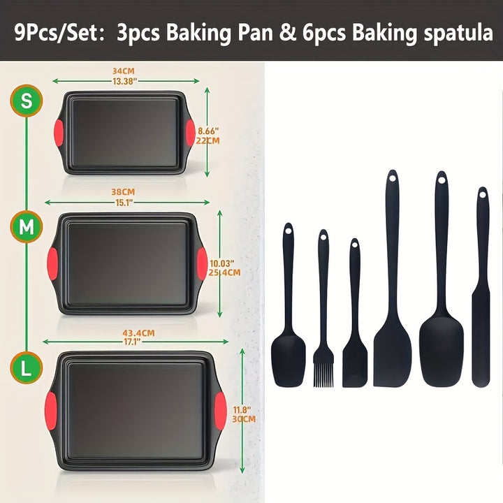 3pcs Carbon Steel Non-stick Kitchen Oven Baking Pan, Luxurious and Fashionable Non-stick Inside and Outside, Commercial Grade Restaurant Quality Metal Baking Pan, with Red Silicone Handle