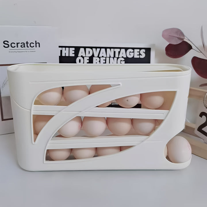 4-Tier Rolling Egg Holder - Side Door Design, Holds 30 Eggs, Smooth Glossy Finish, Convenient Handle