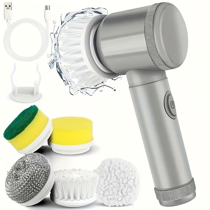 [5 Interchangeable Brush Heads Scrubber] Electric Spin Scrubber, a Portable Cleaning Tool Featuring 5 Interchangeable Brush Heads, Designed for High-Speed Cleaning in Kitchens And Bathrooms. It Is a Rechargeable Multipurpose