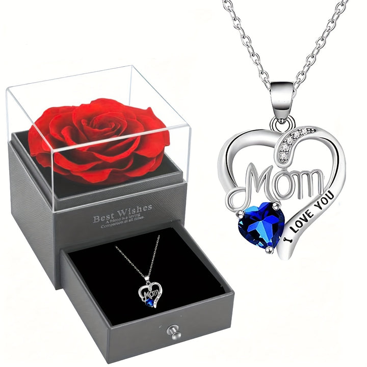 Hollow Heart MOM Design Pendant Necklace With Exquisite Soap Rose Gift Box Elegant Style Gift For Mother