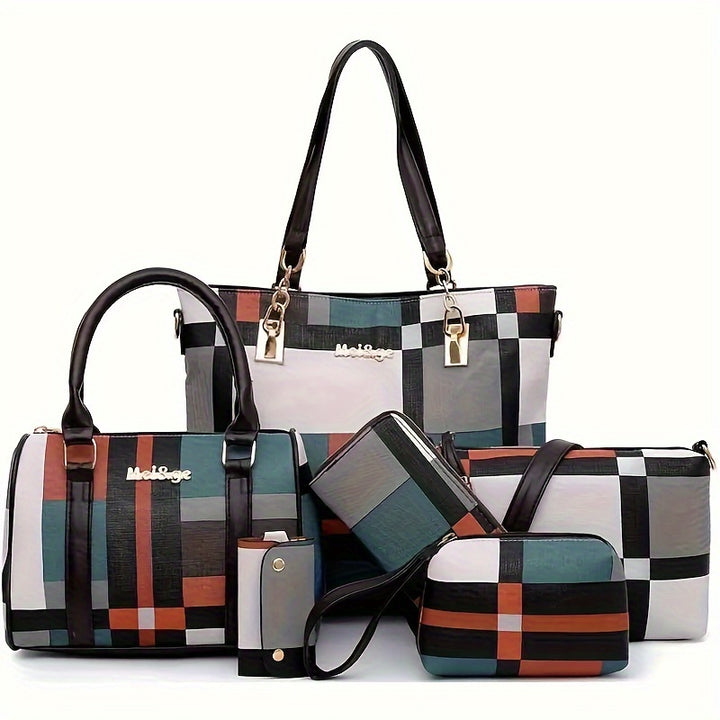 Large Capacity 6pcs/set Checkered Pattern Bag - Shoulder, Crossbody, Clutch, Long & Short Wallet