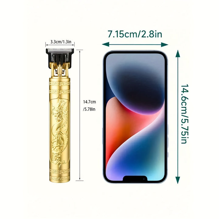 USB Rechargeable Hair Clipper with Golden Dragon Engraving, Cordless Portable Trimmer for Barbers and Personal Grooming, Lithium Battery Operated ≤36V, Includes Guide Combs and USB Cable