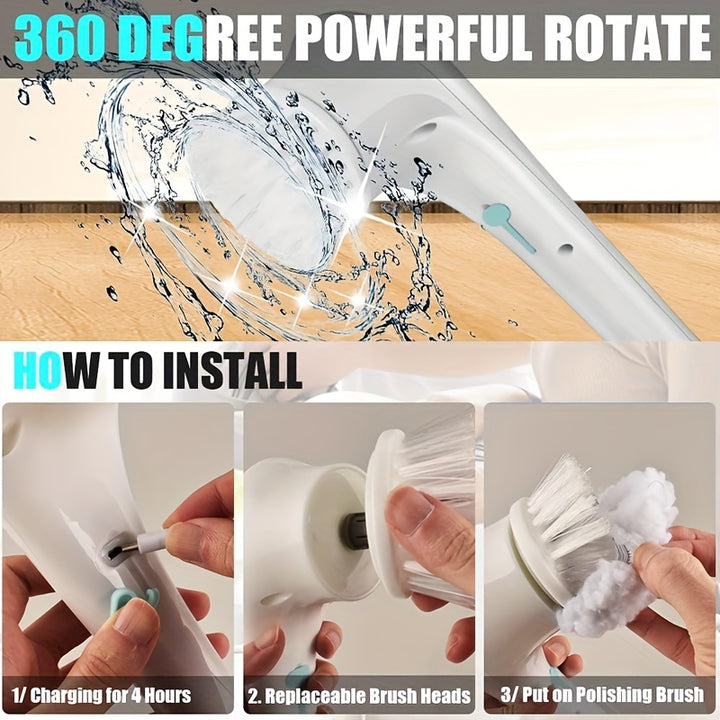A Cordless Handheld Cleaning Brush with 5 Interchangeable Brush Heads, a Portable Rotating Scrubber, Suitable for Use in Bathrooms, Bathtubs, Wall Tiles, Floors, And Kitchens.