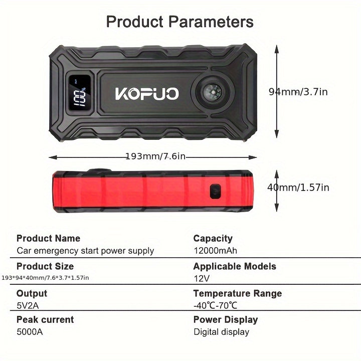 KOPUO Alimentation Portable Professionnelle Démarreur de Voiture Diesel à Double Démarrage avec Écran LCD 2 Interfaces USB, 1 Interface Iype-c pour Alimentation d'Urgence, Avec Boussole Trois Modes de Lumières LED, Cadeau Parfait pour les Conducteurs