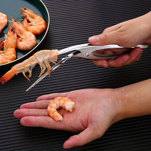 Herramienta para desvenar camarones de acero inoxidable, diseño ergonómico en espiga para quitar fácilmente la cáscara, utensilio de cocina para preparación de mariscos