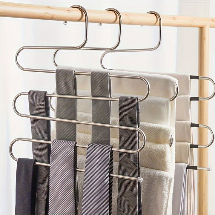 1pc Stainless Steel Multi-Layer S-Shaped Pants Hanger, Space Saving Non-Slip Closet Organizer for Trousers, Towels, Scarves