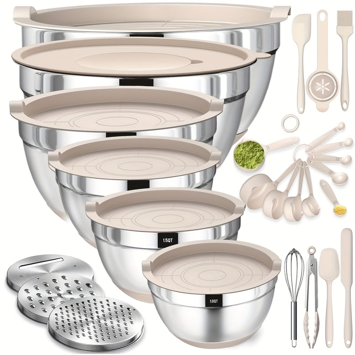 Mixing Bowls with Airtight Lids, 26 Pcs Stainless Steel Bowls Set, 3 Grater Attachments & Black Non-Slip Bottoms Size 7, 4, 2.5, 2.0, 1.5, 1QT