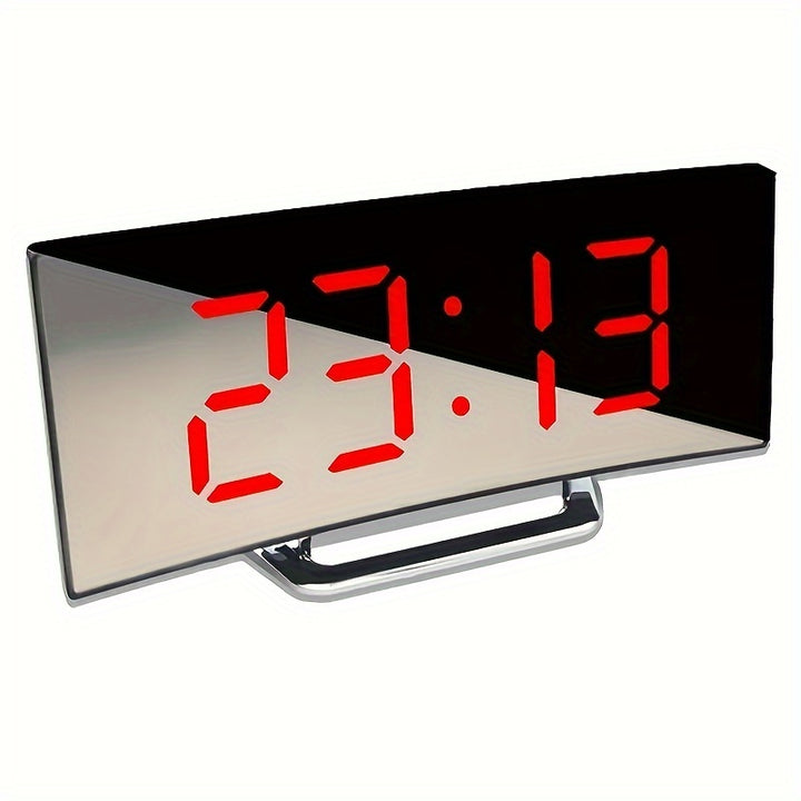 Modern LED Mirror Clock with Curved Display - Silent Digital Alarm, Dimmable, USB or Battery Powered, ABS Material - Perfect for Home Decor