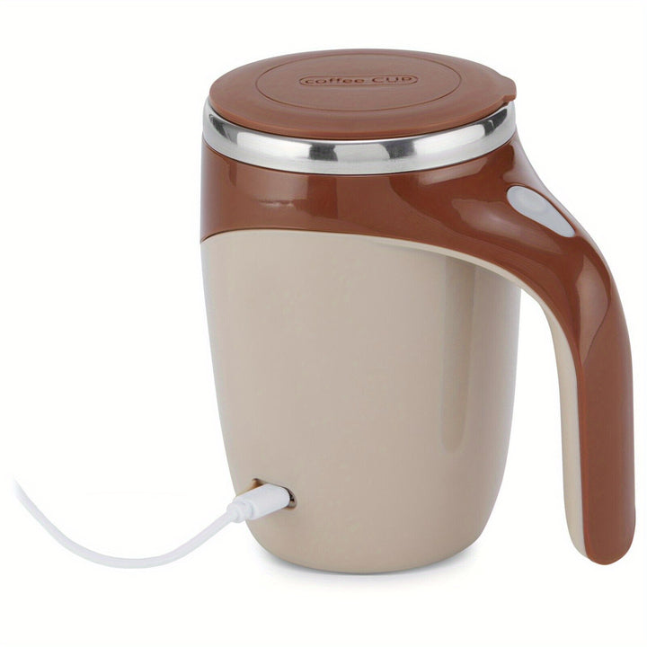 Tazza da caffè auto-miscelante da 12,85 oz - Miscelazione senza sforzo con un solo tocco, ricaricabile USB, acciaio inossidabile e ABS, bianca con accenti marroni - Perfetta per casa, ufficio, palestra, scuola, tazza da caffè