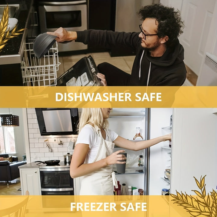 Premium straw tableware set, 16 unbreakable tableware sets, microwave and dishwasher safe, black set of 8 plates, 4 bowls, 4 cups.