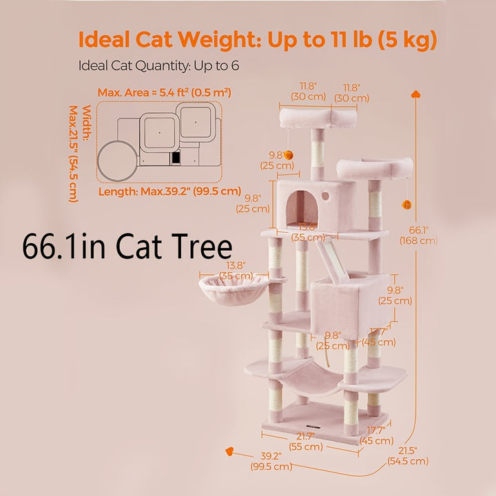 Feandrea 66.1/44.1in Cat Tree, Large Cat Tower with 13 Scratching Posts, 2 Perches, 2 Caves, Hanging Basket & Hammock, Pompoms, Stable Kitty Play House, Multi-Level Plush Cat Condo for Indoor Cats, Easy to Assemble, Perfect G