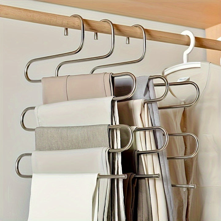1pc Stainless Steel Multi-Layer S-Shaped Pants Hanger, Space Saving Non-Slip Closet Organizer for Trousers, Towels, Scarves