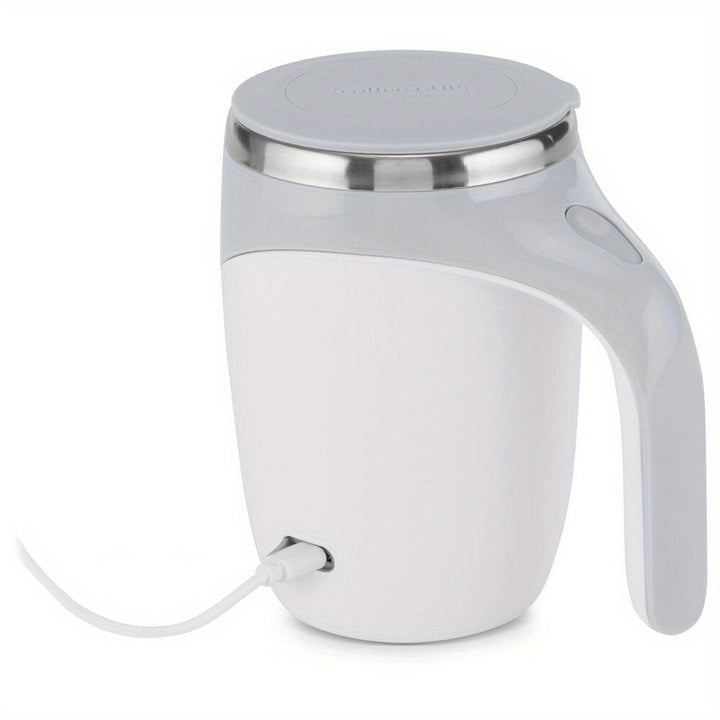 Tazza da caffè auto-miscelante da 12,85 oz - Miscelazione senza sforzo con un solo tocco, ricaricabile USB, acciaio inossidabile e ABS, bianca con accenti marroni - Perfetta per casa, ufficio, palestra, scuola, tazza da caffè