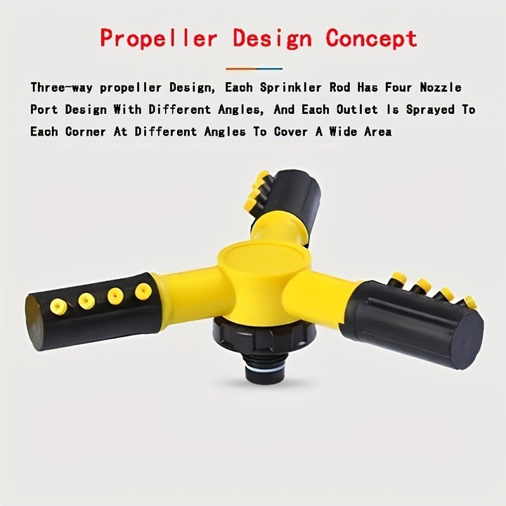 1pc 360° Rotating Lawn Automatic Sprinkler with 3 Adjustable Arms for Large Area Coverage, Yellow