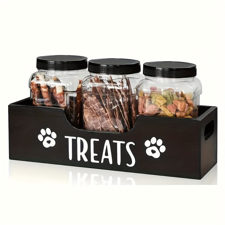 [1pc Airtight Wooden Pet Treat Holder] 1pc Wooden Pet Treat Holder with 3 Airtight Plastic Jars – Uncharged Container for Dog & Cat Food Storage – Durable Wood Material Farmhouse Style Organizer for Pet Treats